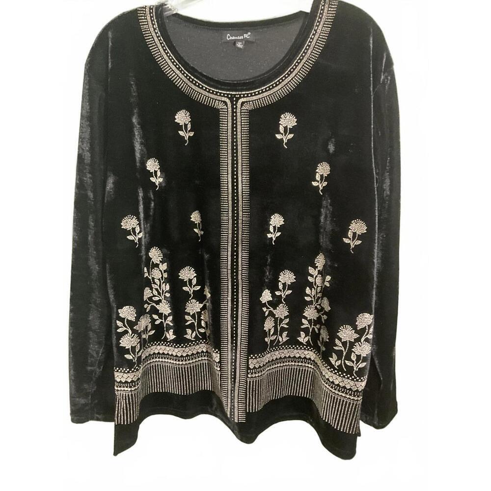 Chances R Black Velour Embroidered Floral Top Size Large